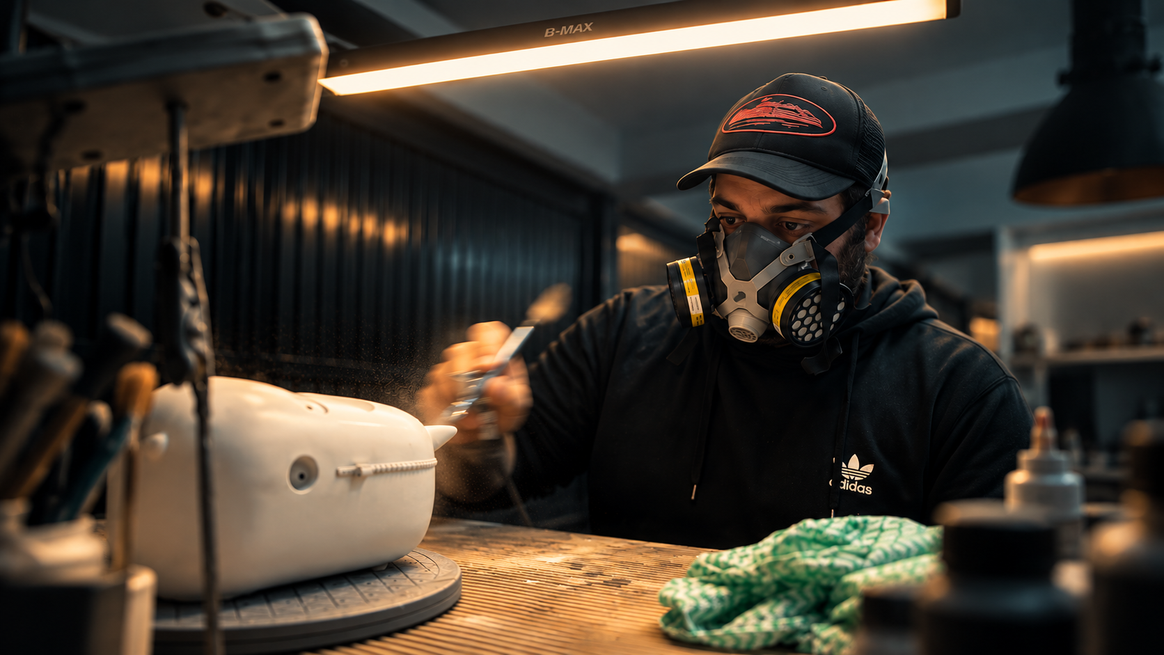 Gabriel Green pintando uma peça no ateliê